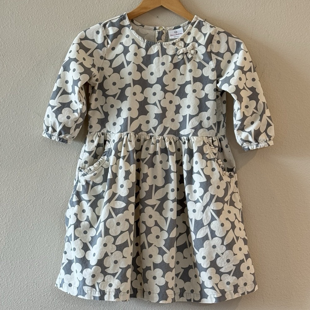 Hanna Andersson Gray White Floral Cotton Dress Girls Size 140 9 10 Years Pockets